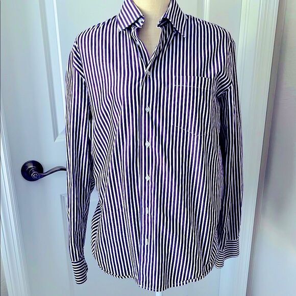 Neiman Marcus Eggplant and White Striped Button Down Shirt NWOT - Picture 1 of 8
